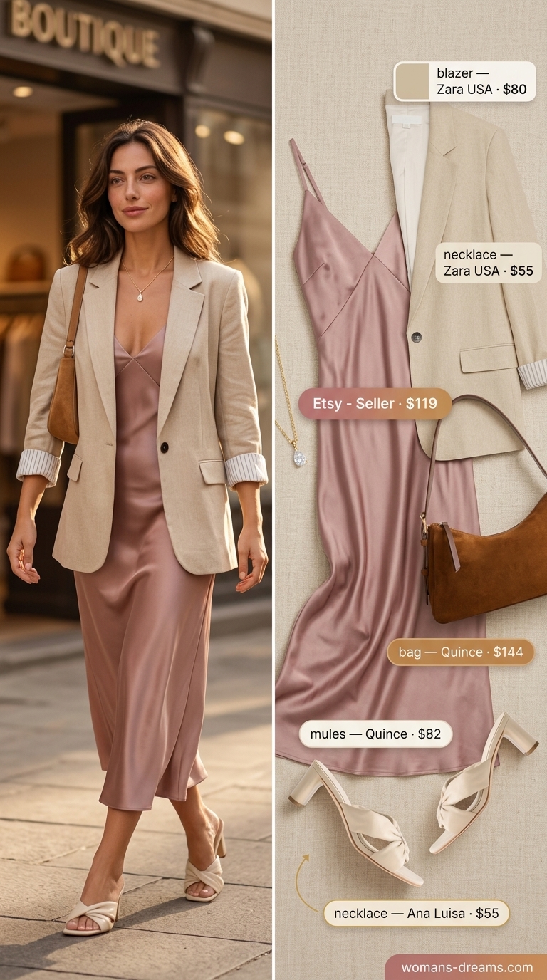 Monochrome Minimalist Summer Outfits 2026: Beige Dress Monochrome minimalist summer outfits for women 2026: Beige slip dress, cream blazer, nude mules, gold necklace, camel bag.