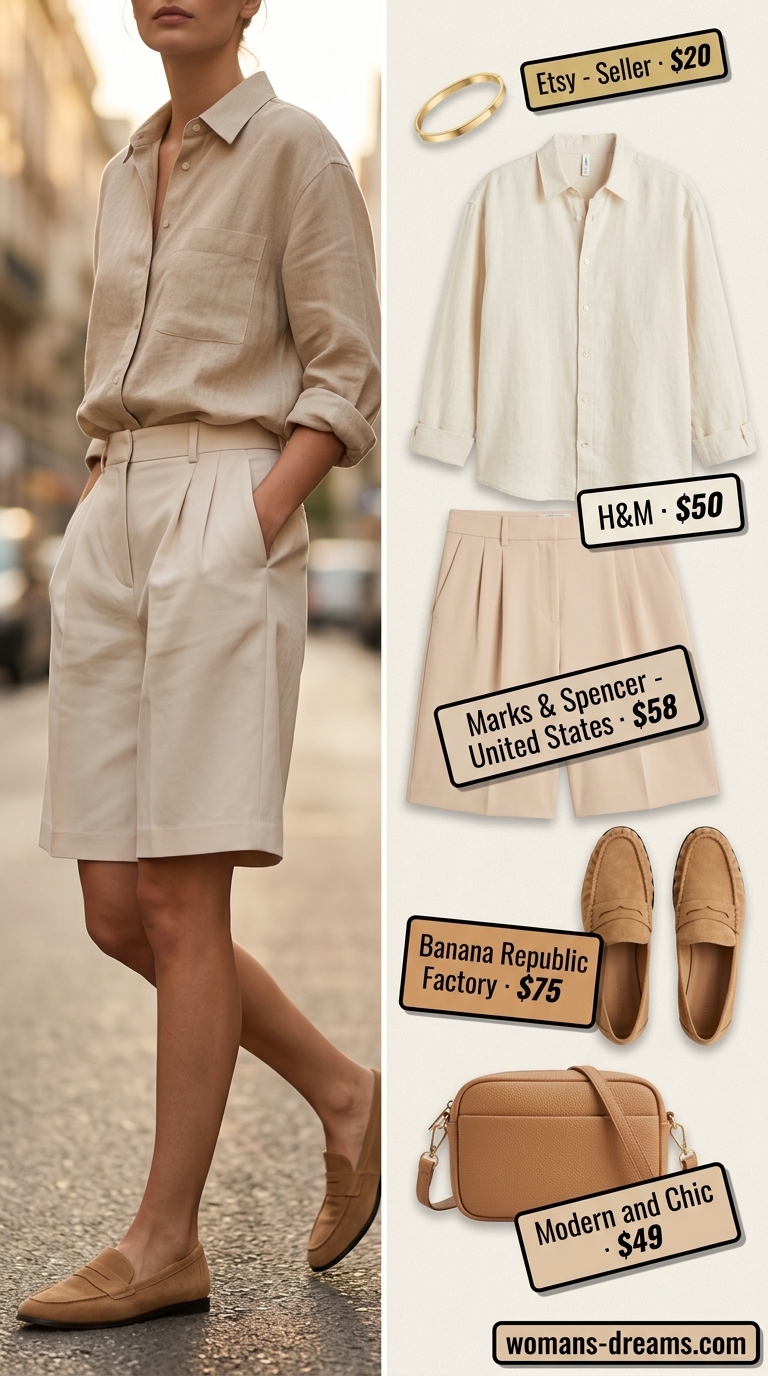 Monochrome Minimalist Summer Outfits 2026: Beige Shorts Set Monochrome minimalist summer outfits for women 2026: Beige tailored shorts, ecru button-down, loafers, structured crossbody bag.