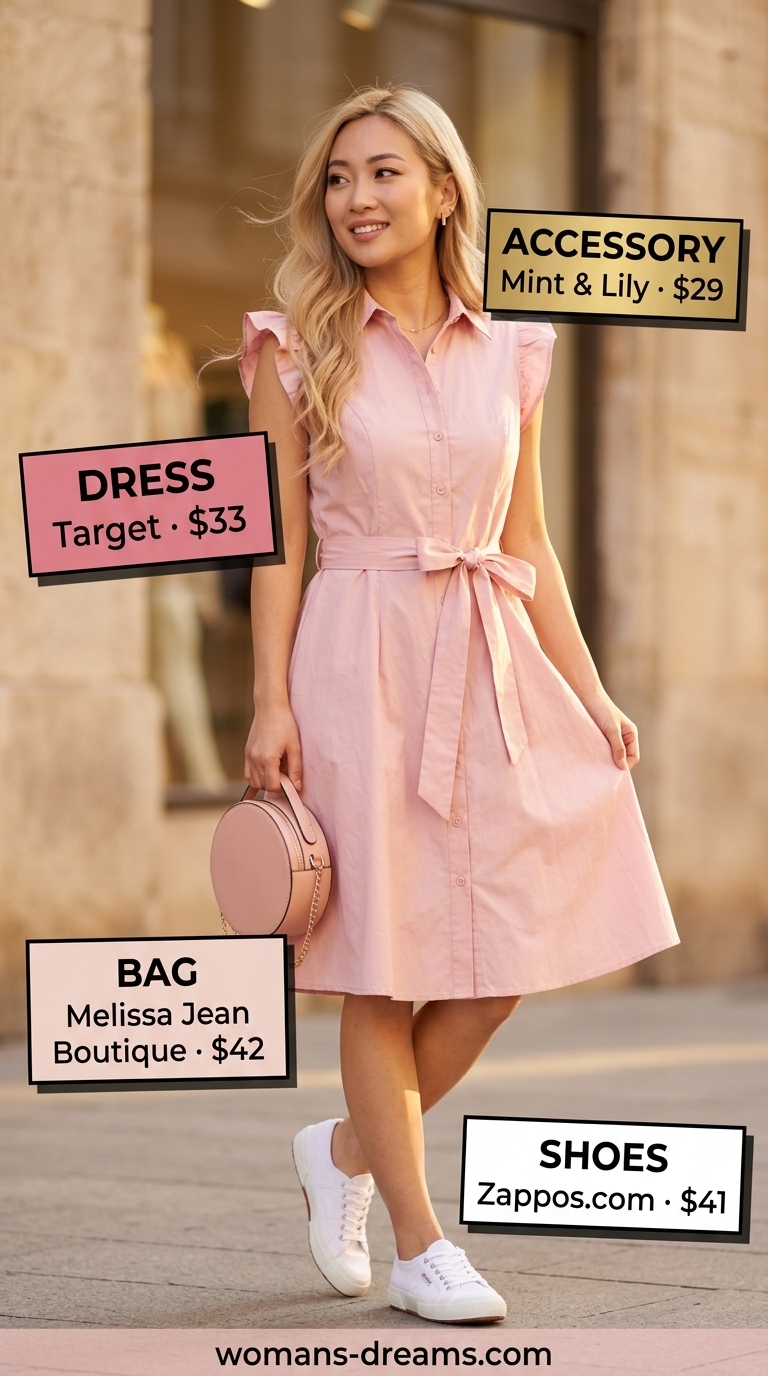 Monochrome Minimalist Summer Outfits 2026: Blush Pink Dress Monochrome minimalist summer outfits for women 2026: Blush pink mini shirt dress, white sneakers, rose gold jewelry.