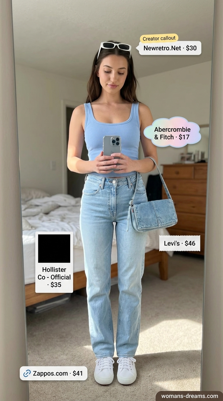 Monochrome Minimalist Summer Outfits 2026: Denim Jeans Monochrome minimalist summer outfits for women 2026: Light wash denim jeans, pale blue cropped tank, white sneakers, sunglasses.