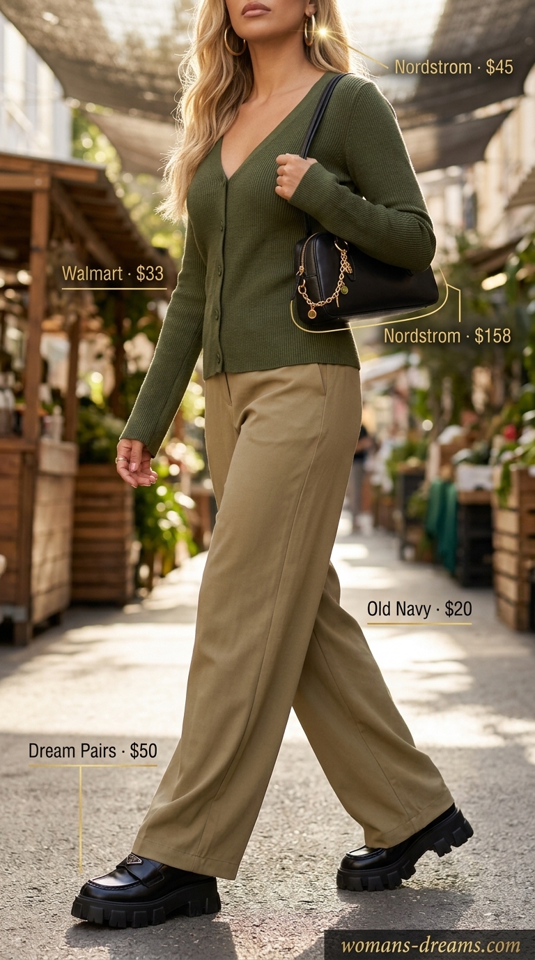 Monochrome Minimalist Summer Outfits 2026: Olive Green Monochrome minimalist summer outfits for women 2026: Olive green cardigan, khaki trousers, black loafers, structured bag.