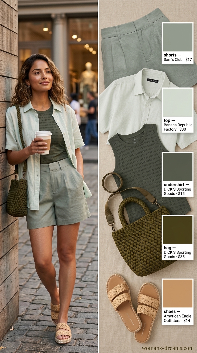 Monochrome Minimalist Summer Outfits 2026: Sage Green Monochrome minimalist summer outfits for women 2026: Sage green shorts, light green tank, espadrilles, woven bag, linen shirt.