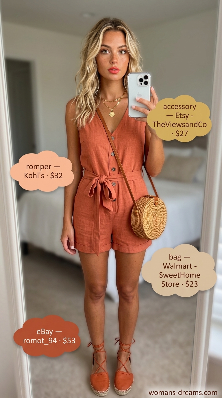 Monochrome Minimalist Summer Outfits 2026: Terracotta Romper Monochrome minimalist summer outfit for women 2026: Terracotta linen utility romper, espadrilles, straw bag, gold necklaces.