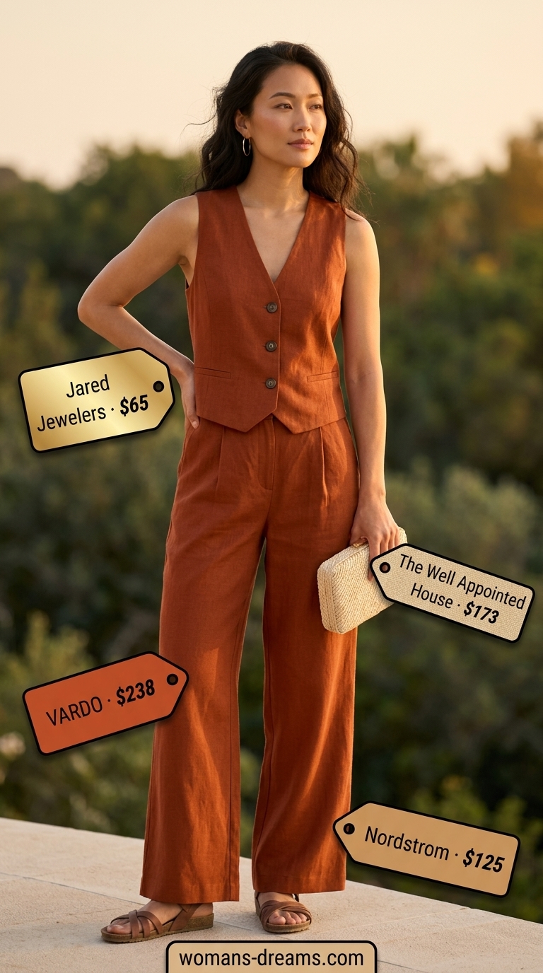 Monochrome Minimalist Summer Outfits 2026: Terracotta Set Monochrome minimalist summer outfits for women 2026: Terracotta linen matching set, leather sandals, straw clutch, gold hoops.