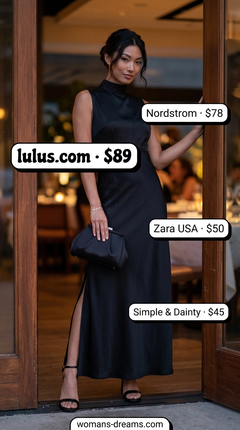 Monochrome Minimalist Summer Outfits 2026: Black Evening Glam Monochrome minimalist summer outfit 2026: black maxi dress, heeled sandals, silver bracelet, and clutch.