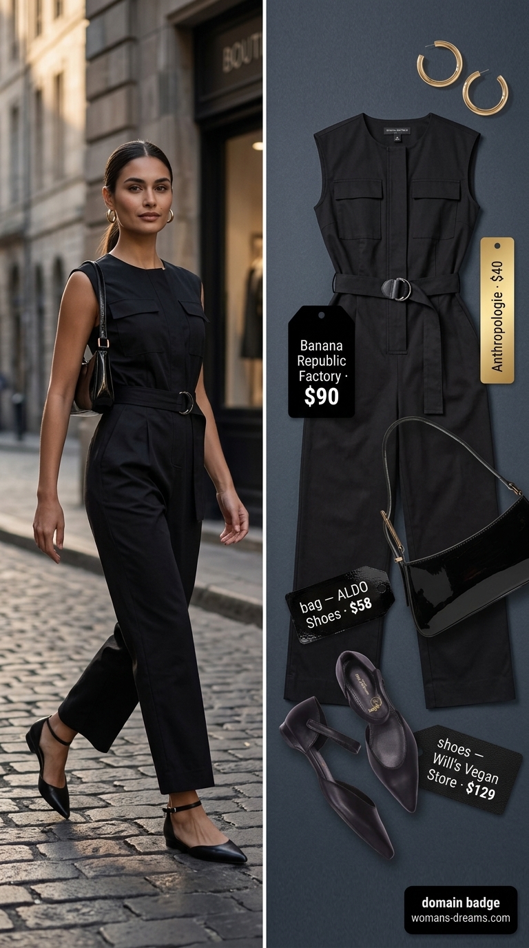 All black monochrome minimalist summer outfit 2026: tailored jumpsuit, chunky hoops, and patent mules for evening.