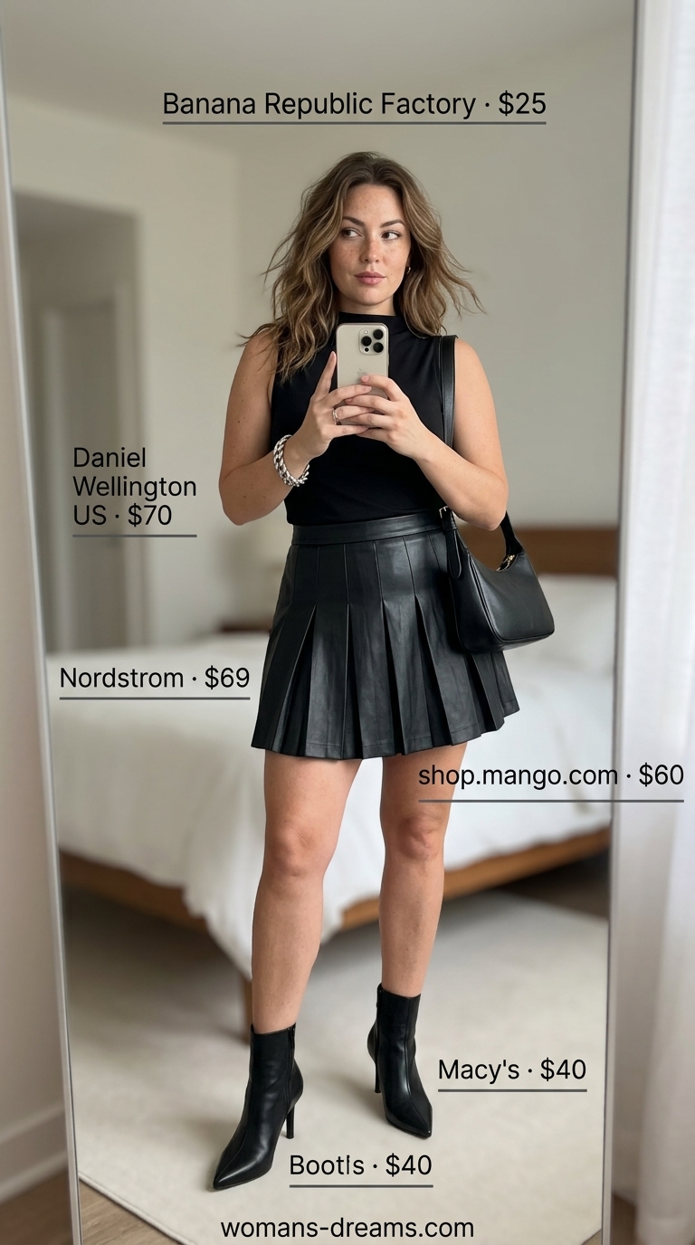 Monochrome Minimalist Summer Outfits 2026: Black Night Monochrome minimalist summer outfit 2026: black vegan leather skirt, mock neck top, ankle boots, and chunky silver chain.