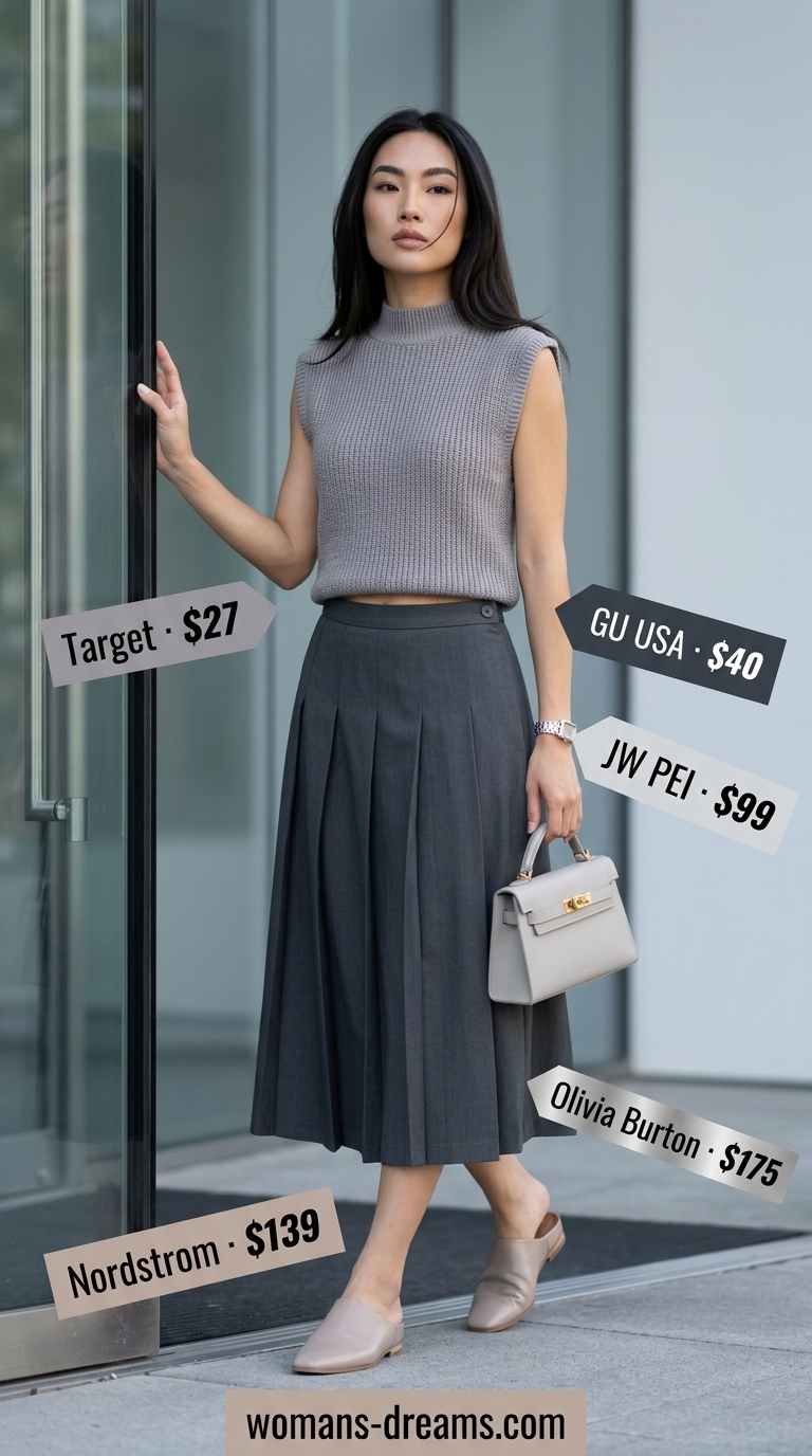 Monochrome Minimalist Summer Outfits 2026: Charcoal Business Monochrome minimalist summer outfit 2026: charcoal skirt, ash grey top, leather mules, and structured bag.