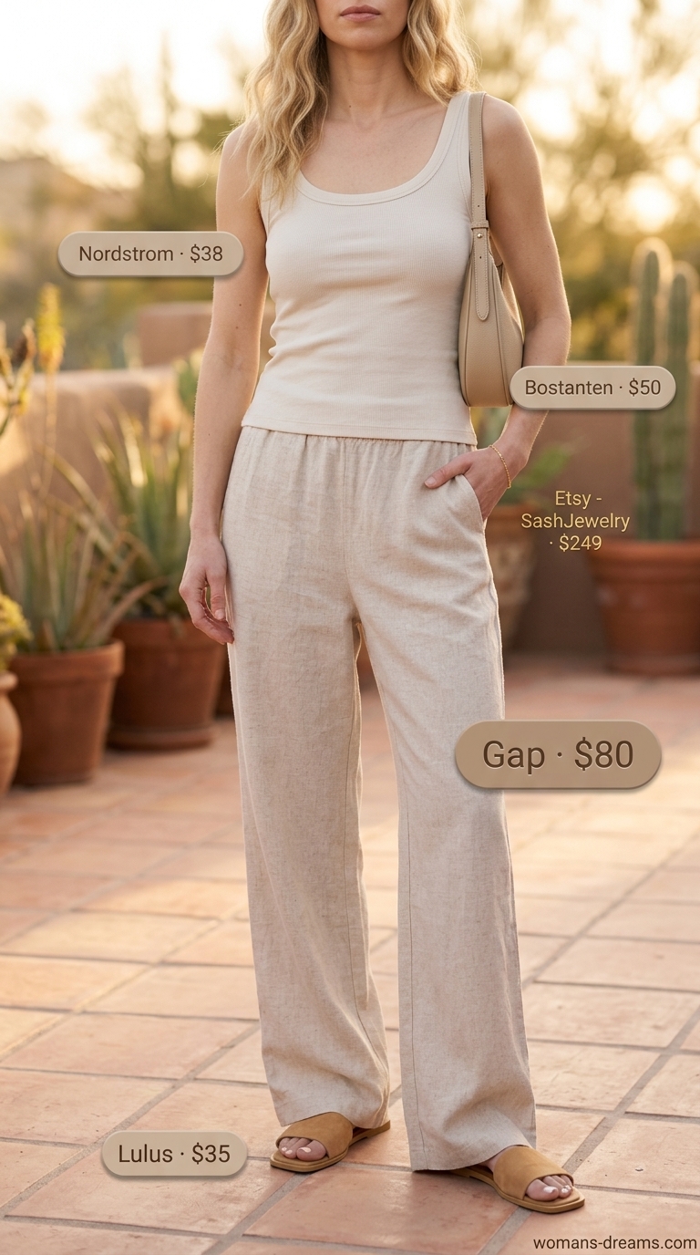 Monochrome Minimalist Summer Outfits 2026: Desert Sands Monochrome minimalist summer outfit 2026: beige linen pants, cream knit top, tan slides, and crescent bag.