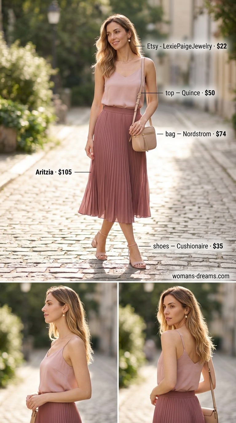 Monochrome Minimalist Summer Outfits 2026: Dusty Rose Garden Party Dusty rose monochrome minimalist summer outfit 2026: pleated midi skirt, silk camisole, block heels, and crossbody bag.
