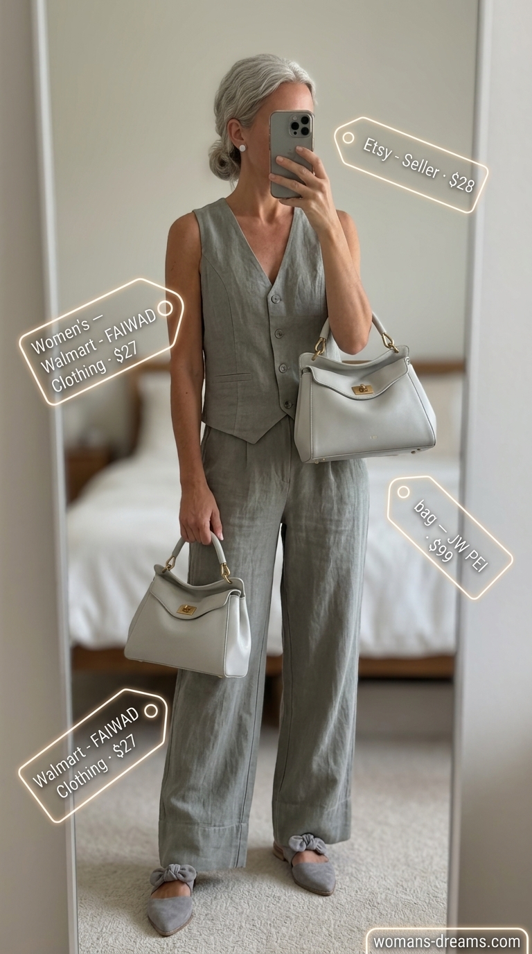 Monochrome Minimalist Summer Outfits 2026: Grey Office Chic Monochrome minimalist summer outfit 2026: grey linen set, charcoal mules, silver earrings, and mini bag.