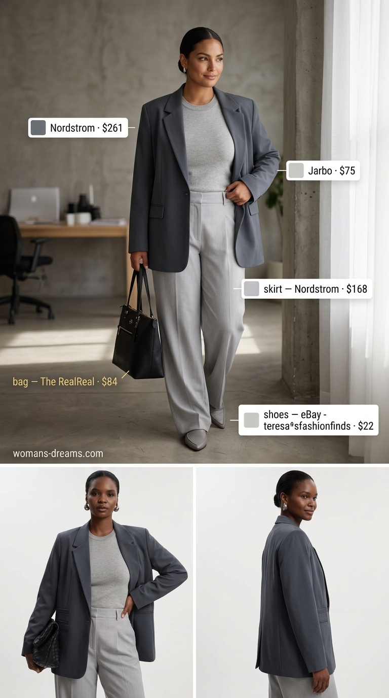 Monochrome Minimalist Summer Outfits 2026: Grey Workwear Grey monochrome minimalist summer outfit 2026: wide-leg trousers, knit top, blazer, and loafers for office.