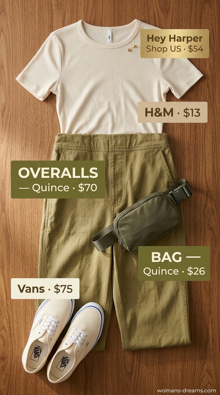 Monochrome Minimalist Summer Outfits 2026: Khaki Overalls Khaki monochrome minimalist summer outfit 2026: canvas overalls, t-shirt, sneakers, and belt bag for casual.