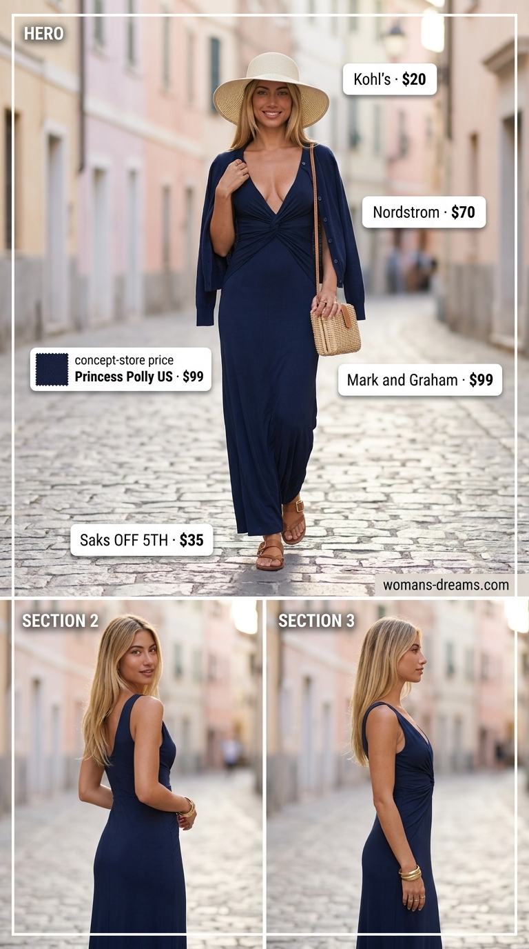 Monochrome Minimalist Summer Outfits 2026: Navy Maxi Dress Navy blue monochrome minimalist summer outfit 2026: flowy maxi dress, slide sandals, straw clutch, and cardigan.