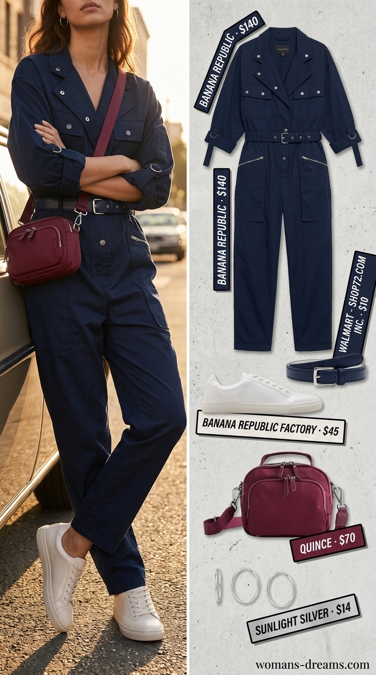 Monochrome Minimalist Summer Outfits 2026: Navy Travel Chic Monochrome minimalist summer outfit 2026: navy utility jumpsuit, white sneakers, and silver accessories.