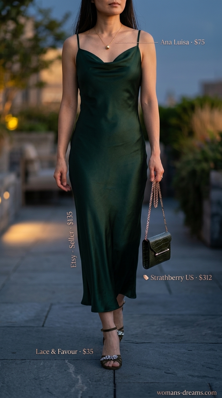 Monochrome Minimalist Summer Outfits 2026: Olive Elegance Monochrome minimalist summer outfit 2026: olive green slip dress, strappy sandals, and gold pendant necklace.