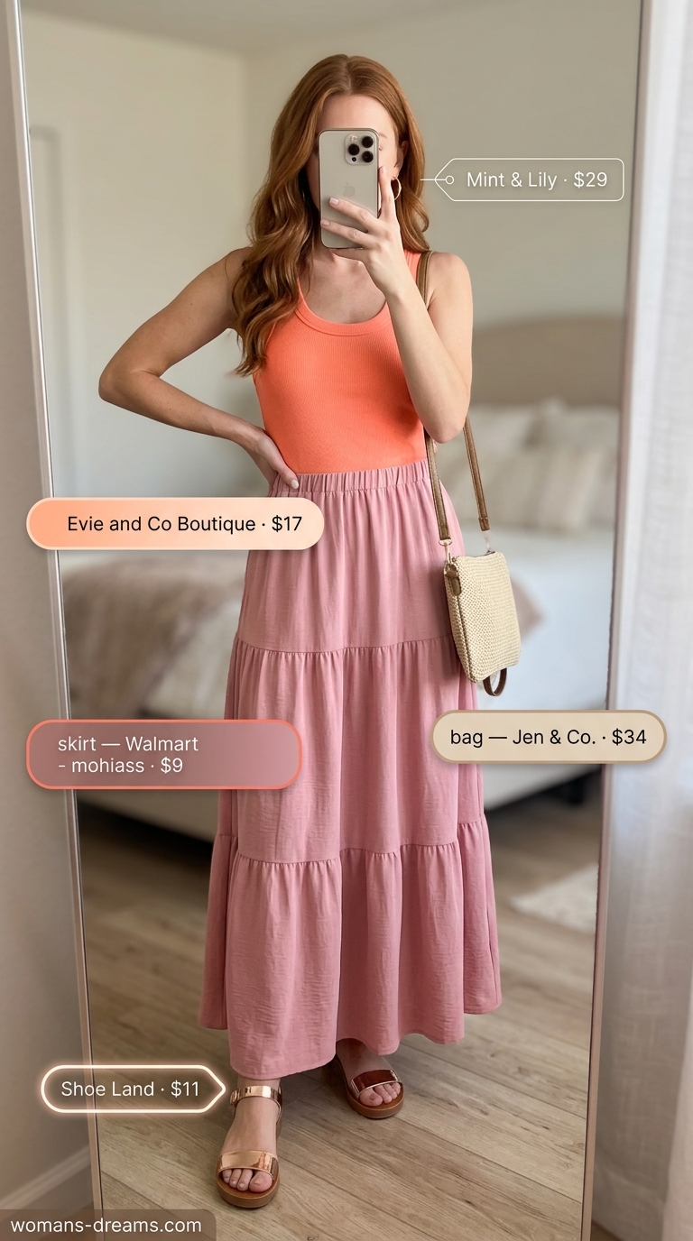Monochrome Minimalist Summer Outfits 2026: Peach Garden Party Monochrome minimalist summer outfit 2026: peach maxi skirt, coral tank, rose gold sandals, and straw bag.