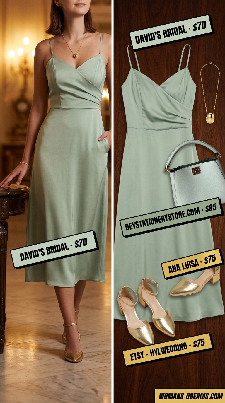 Monochrome Minimalist Summer Outfits 2026: Sage Green Soirée Monochrome minimalist summer outfit 2026: sage green slip dress, gold necklace, block heels, and top-handle bag.