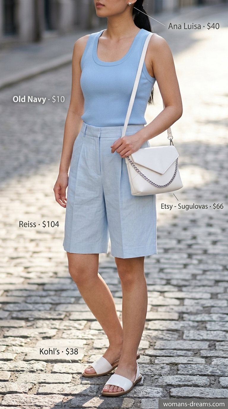 Monochrome Minimalist Summer Outfits 2026: Sky Blue Casual Monochrome minimalist summer outfit 2026: sky blue shorts, white tank, white sandals, and silver studs.