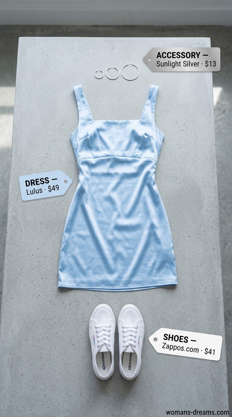 Monochrome Minimalist Summer Outfits 2026: Sky Blue Mini Dress Sky blue monochrome minimalist summer outfit 2026: mini dress, canvas sneakers, and crossbody bag for day.