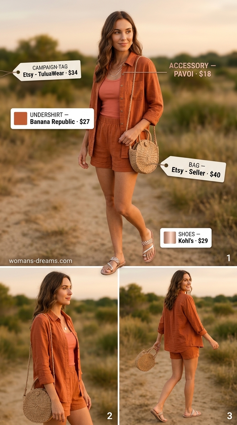 Monochrome Minimalist Summer Outfits 2026: Terracotta Linen Set Terracotta monochrome minimalist summer outfit 2026: linen set, tank top, leather slides, and straw bag.