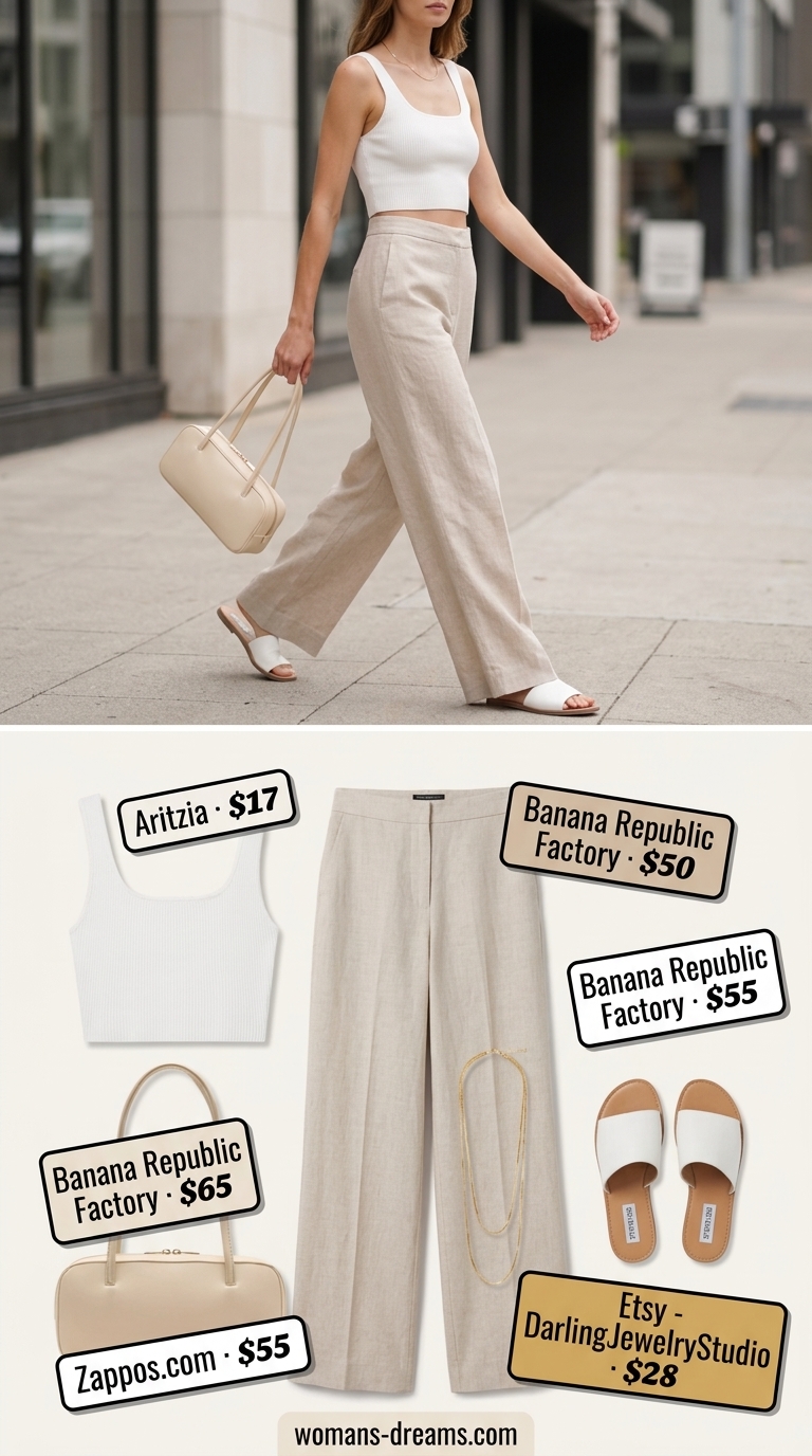 Monochrome Minimalist Summer Outfits 2026: Crisp White Linen White monochrome minimalist summer outfit 2026: linen trousers, knit tank, flat slides, and gold necklace.