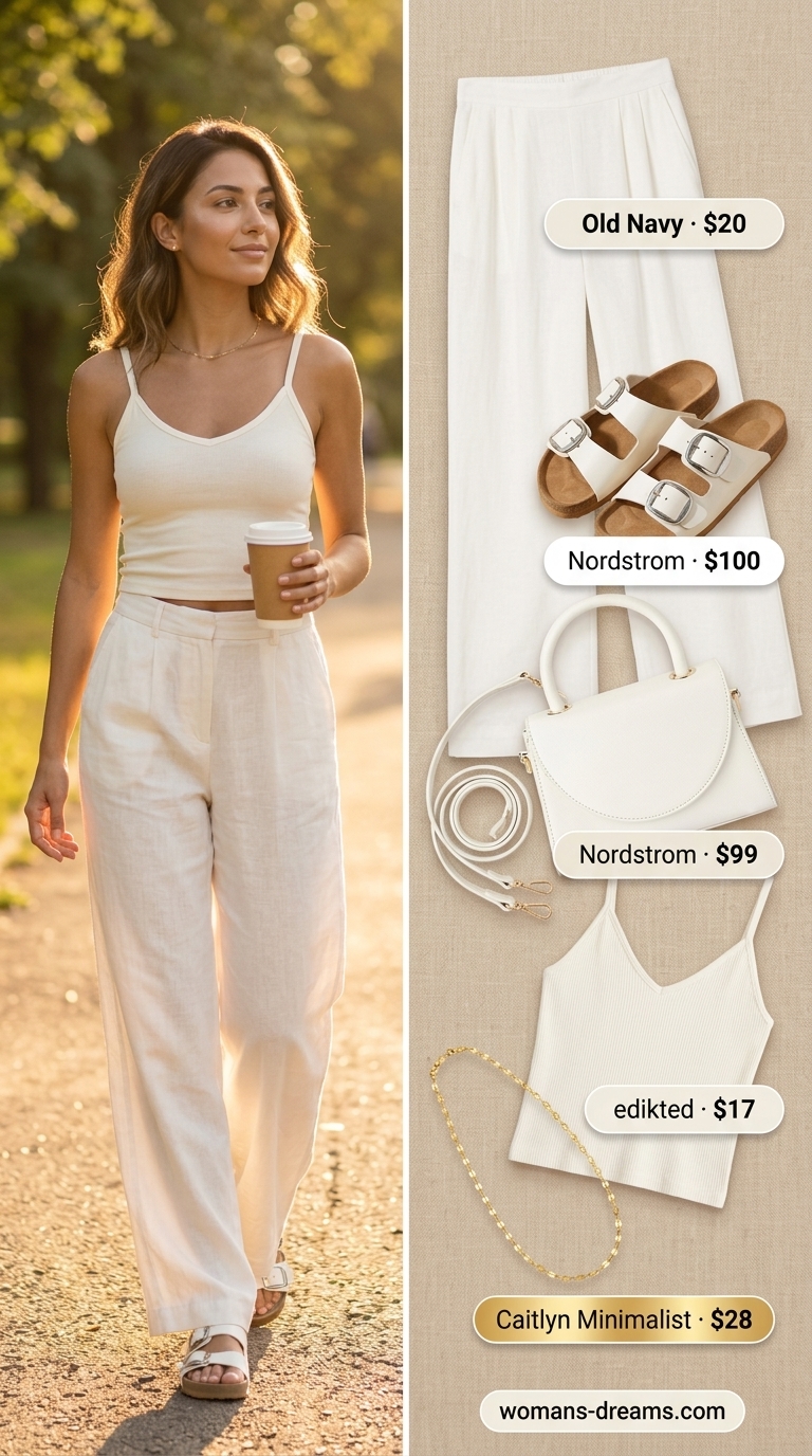 Monochrome Minimalist Summer Outfits 2026: White Wide-Leg Trousers All white monochrome minimalist summer outfit 2026: wide-leg trousers, knit tank, and flat sandals for brunch.