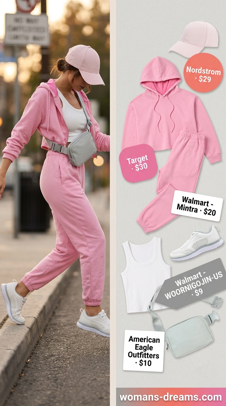 Monochrome pink summer outfits for women 2026: Soft pink athleisure set with white tank and grey belt bag.