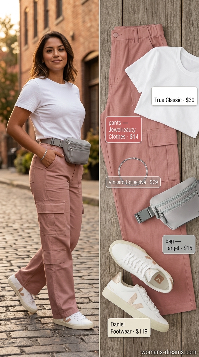 Monochrome pink summer outfits for women 2026: Blush pink cargo pants, white tee, sneakers for casual streetwear.