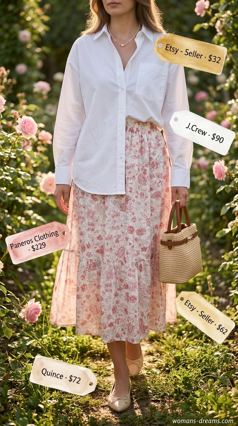 Monochrome pink summer outfits for women 2026: Blush pink floral midi skirt, white shirt, straw bag for garden party.