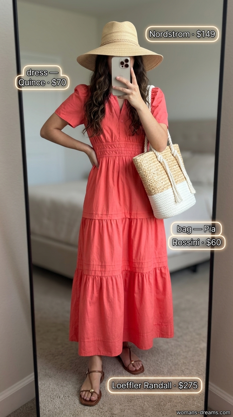 Monochrome pink summer outfits for women 2026: Coral maxi dress with straw hat and flat sandals.