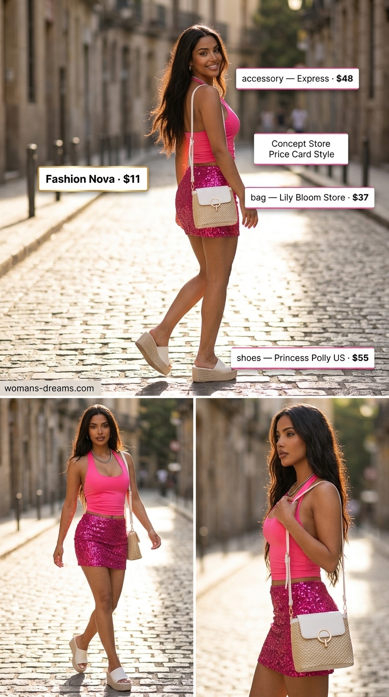 Monochrome pink summer outfits for women 2026: Fuchsia two-piece set, white espadrilles, straw bag for festival.