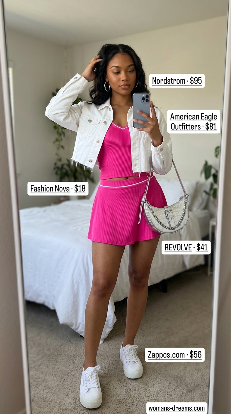 Monochrome pink summer outfits for women 2026: Fuchsia mini skirt set with white denim jacket and sneakers.