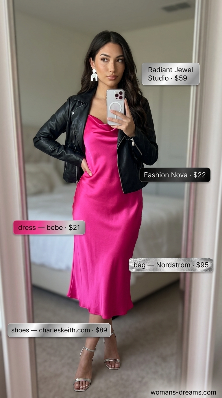 Monochrome pink summer outfits for women 2026: Hot pink slip dress with moto jacket and silver heels.