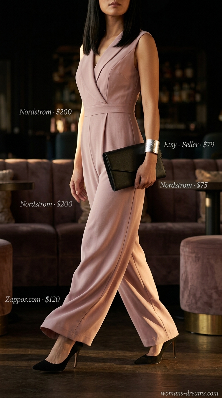 Rose pink tailored jumpsuit for women 2026: wide-leg jumpsuit, silver bracelet, black heels & clutch.