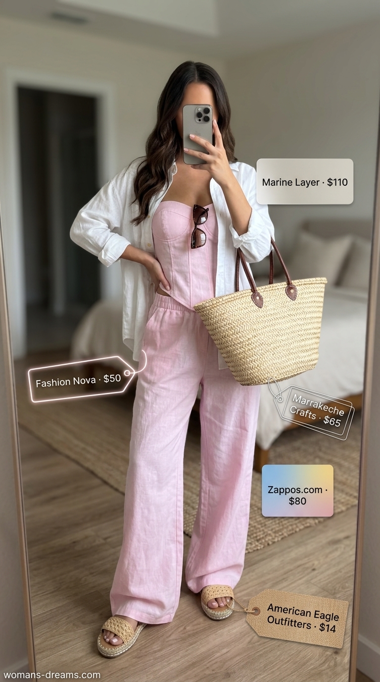 Rose pink linen matching set for women 2026: cropped top, wide-leg pants, white shirt, espadrilles.