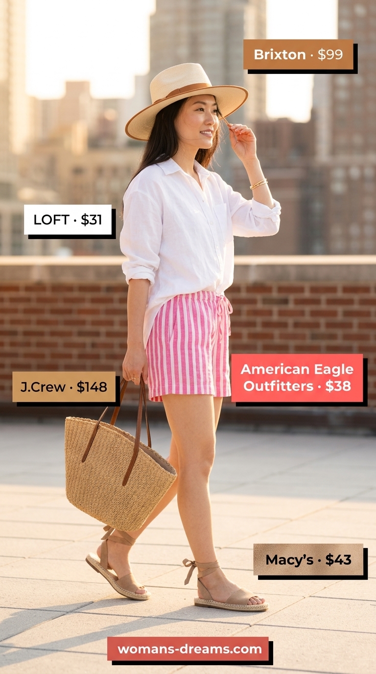 Monochrome pink linen shorts outfit for women 2026: pale pink shorts, white linen shirt, straw hat & bag.