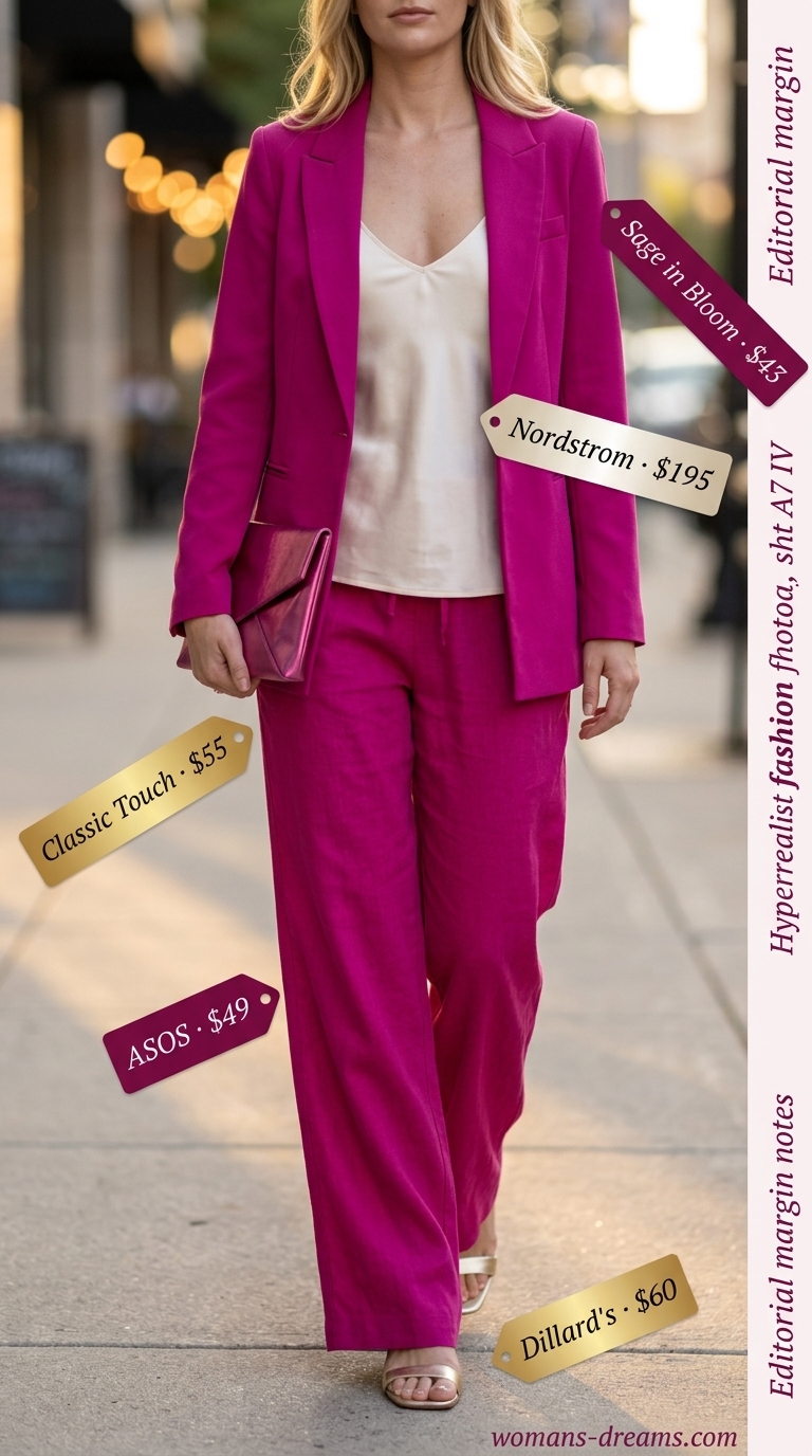 Monochrome pink summer outfits for women 2026: Magenta linen suit, ivory cami, gold sandals for business casual.