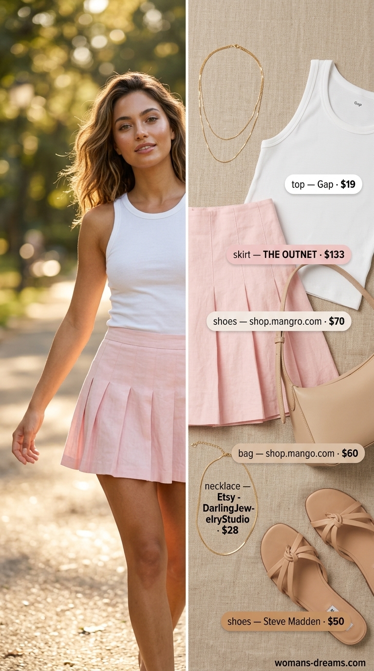 Monochrome pink summer outfits for women 2026: Pastel pink mini skirt with white tank and tan sandals.