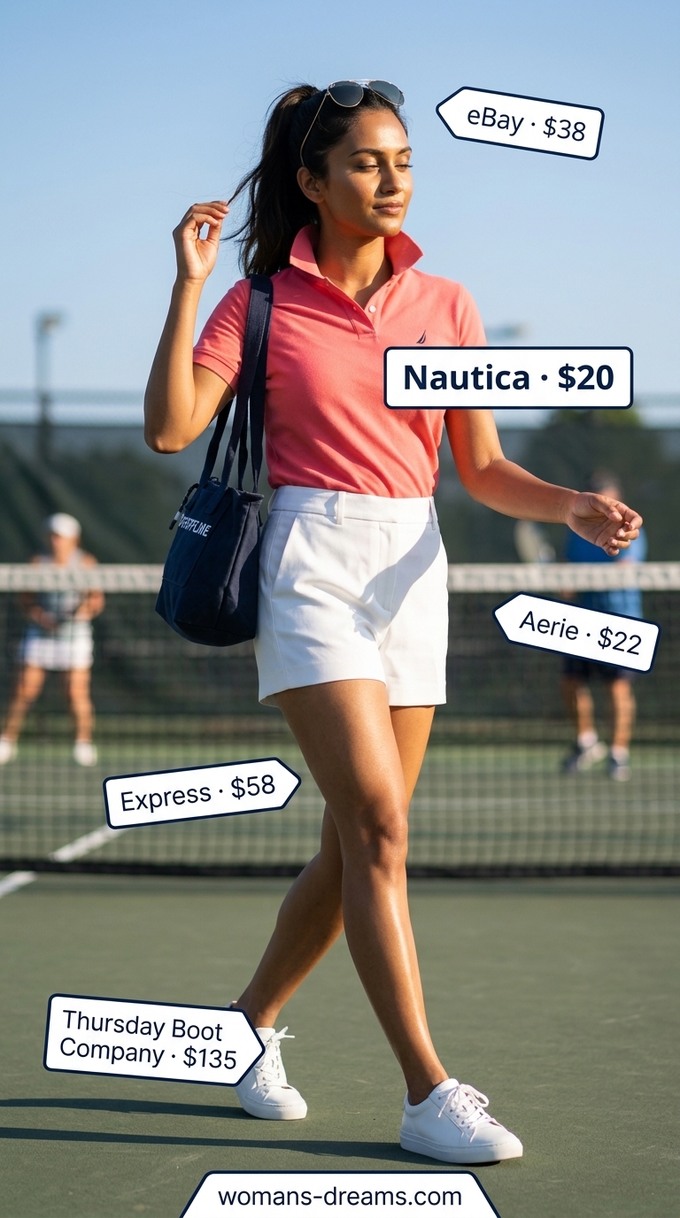 Light coral pink polo shirt outfit for women 2026: polo, chino shorts, sneakers, aviators.