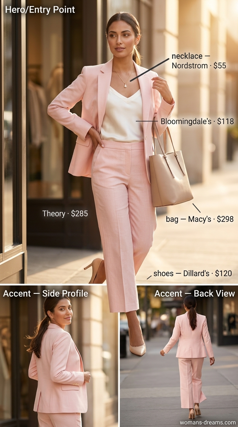 Monochrome pink summer outfits for women 2026: Powder pink linen suit, ivory cami, beige pumps for office.