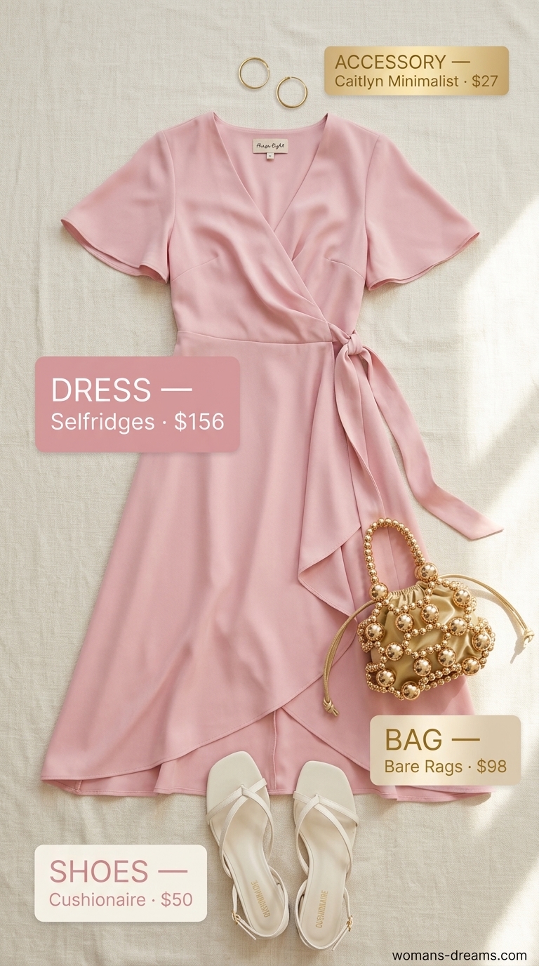 Monochrome pink summer outfit for women 2026: Rose Quartz wrap dress with cream block heels and gold accessories.