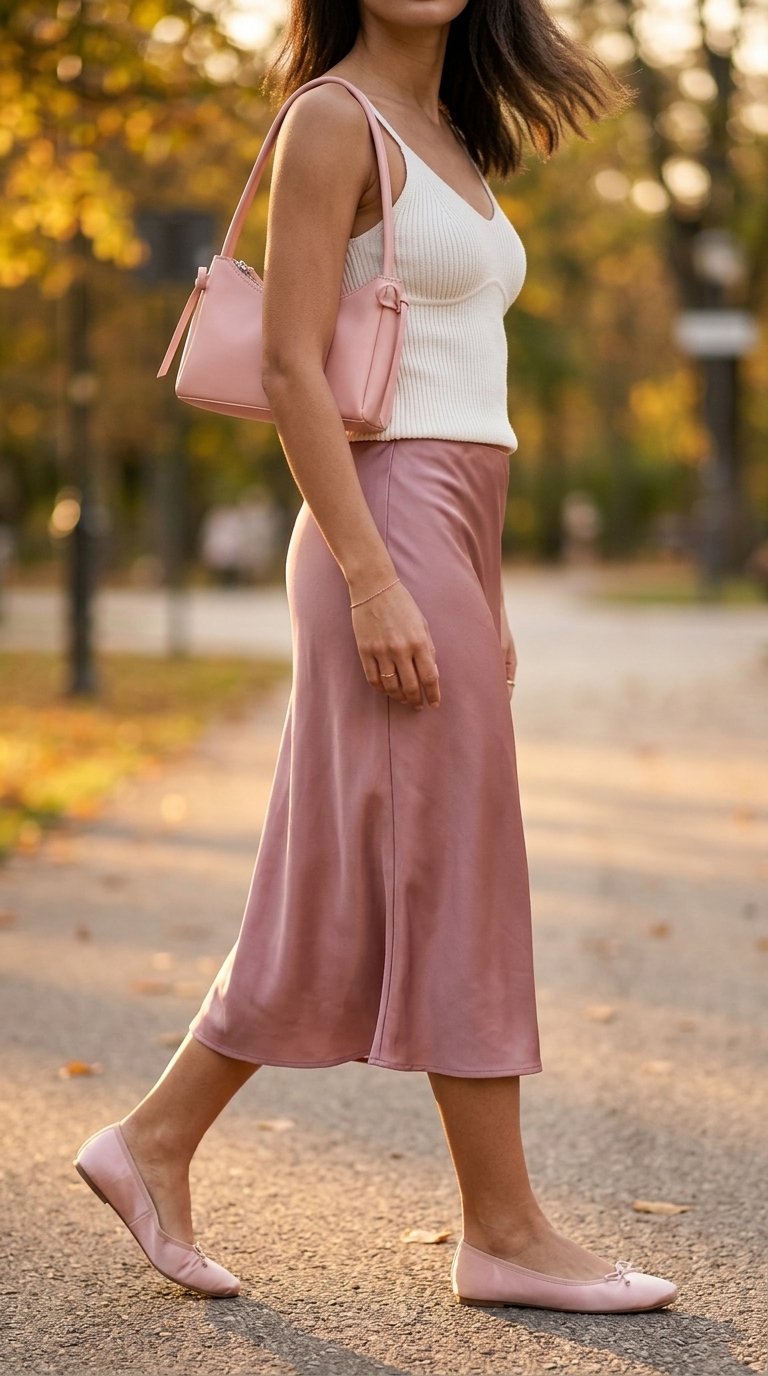 Monochrome pink summer outfits for women 2026: Dusty rose slip skirt, cream tank, pale pink flats for a date.