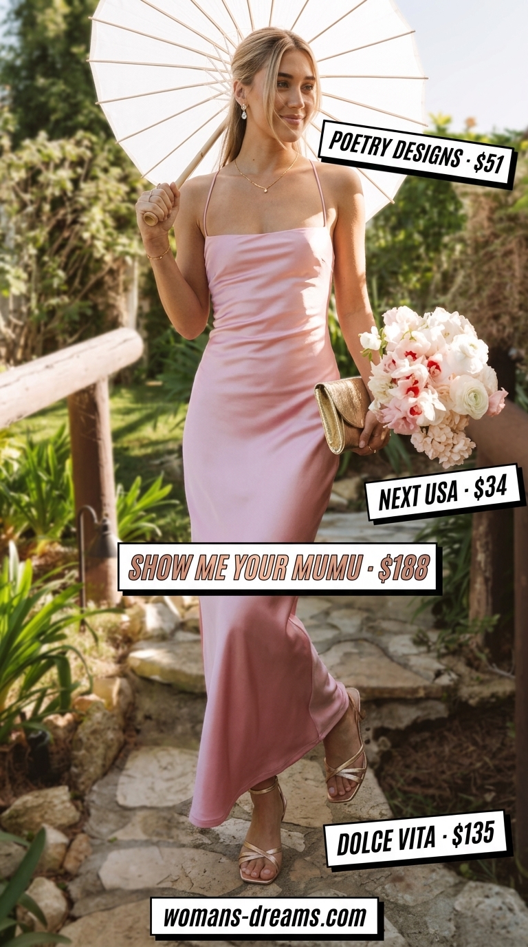 Peach pink slip dress outfit for women 2026: silk maxi dress, gold heels, earrings, and clutch.