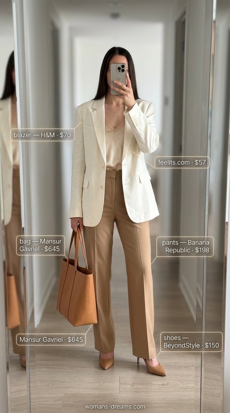 Neutral summer old money outfit for women 2026: Beige trousers, off-white blazer, champagne cami, nude pumps.