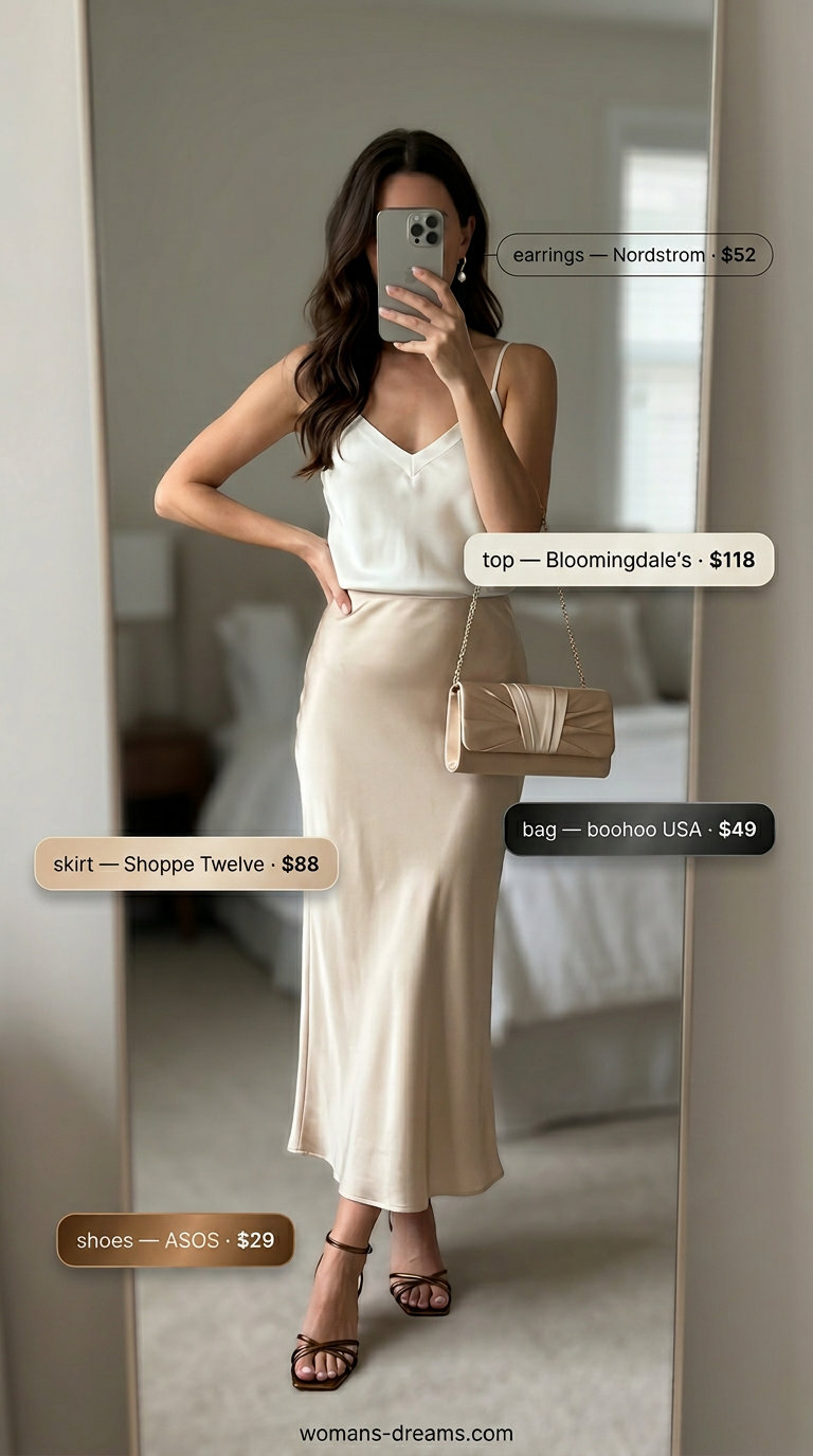 Neutral summer old money outfit 2026: Champagne slip skirt, ivory camisole, bronze sandals for a sunset soirée.
