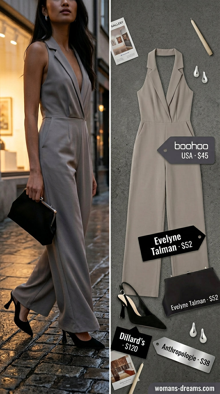 Neutral summer old money outfit for women 2026: Stone grey wide-leg jumpsuit, black clutch, and silver earrings for a gallery opening.