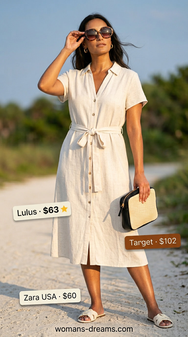 Neutral summer old money outfit for women 2026: Sandy beige linen shirt dress, straw crossbody, and slides for a coastal escape.