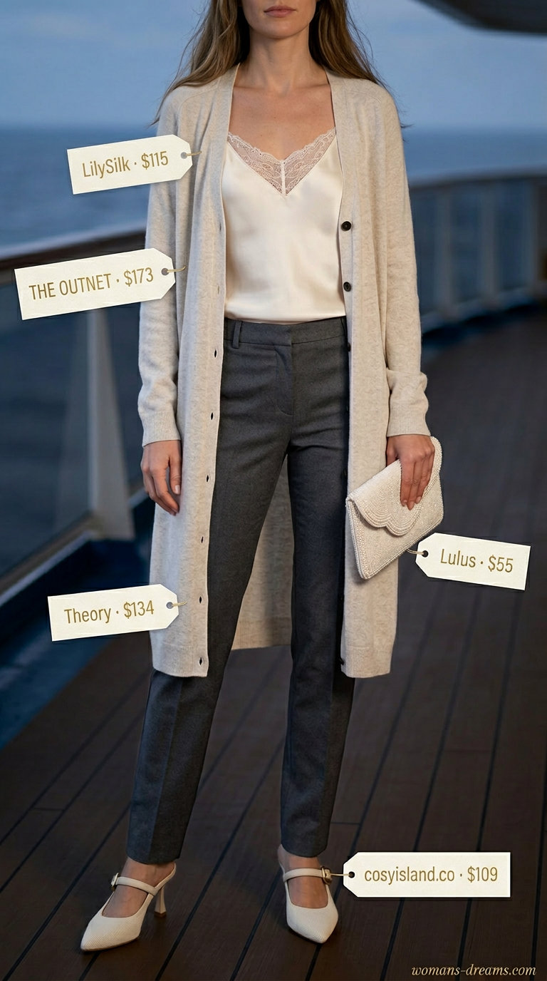 Neutral summer old money outfit 2026: Light grey cardigan, cream cami, charcoal trousers for a cozy evening.