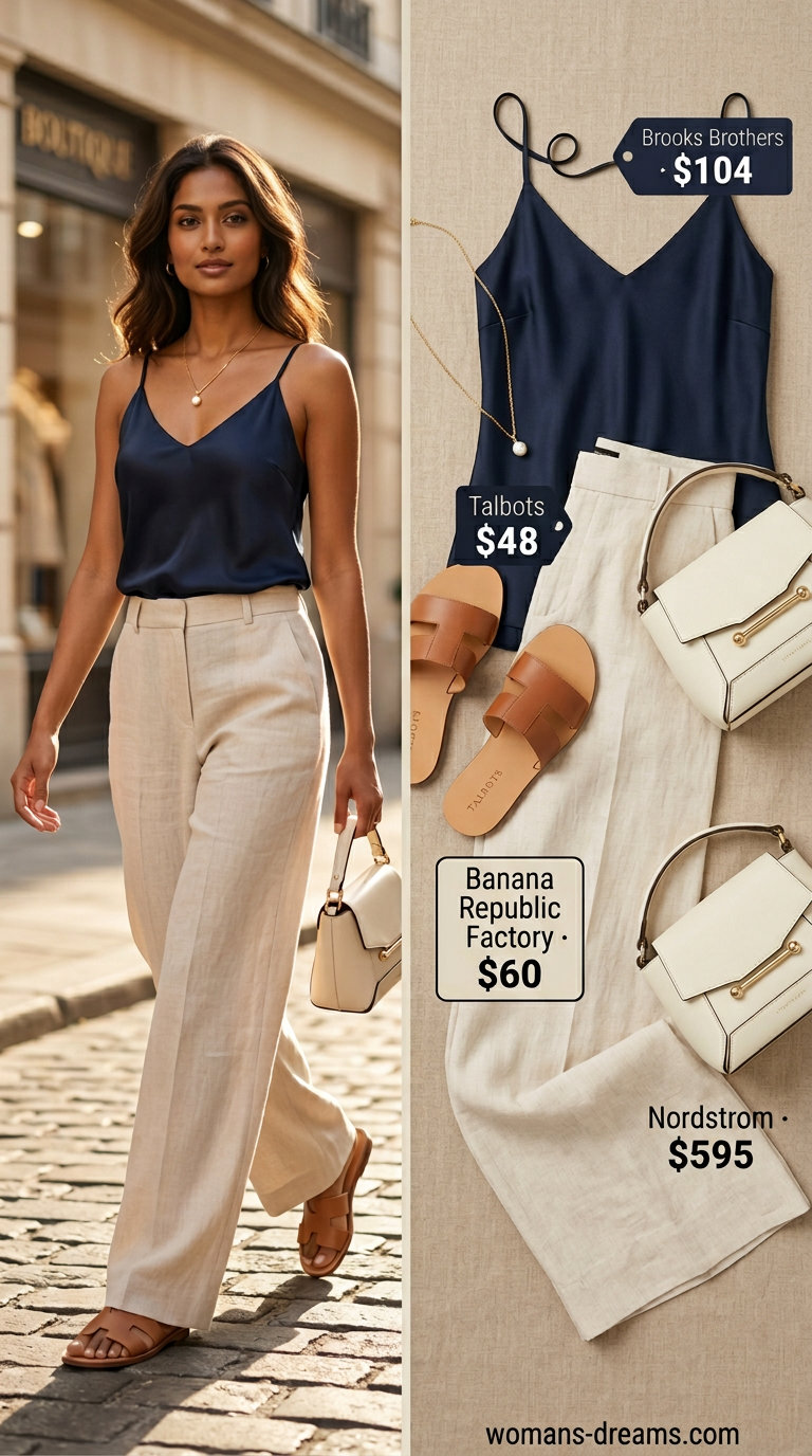 Neutral summer old money outfit for women 2026: Cream wide-leg pants, navy silk cami, gold jewelry, tan slides.